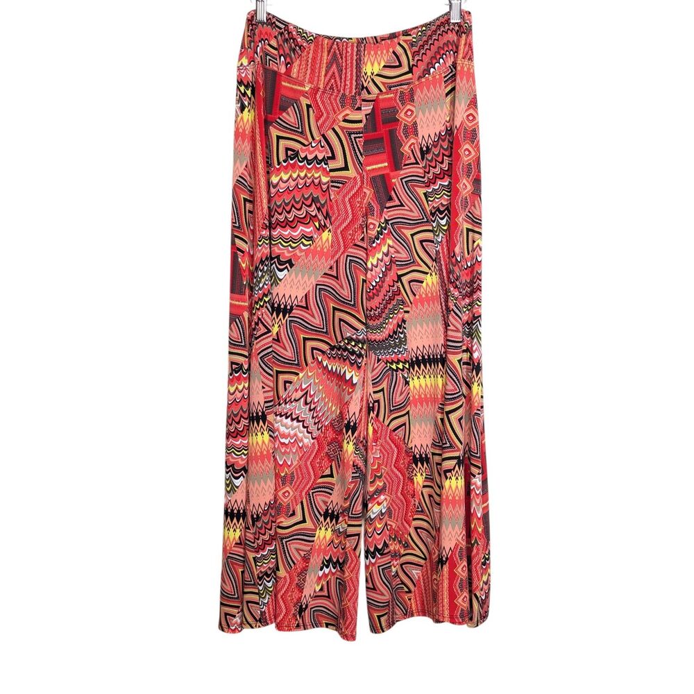Coco Bianco Palazzo Pants Sz L Orange Yellow Bright Abstract Flowy Stretchy Fun